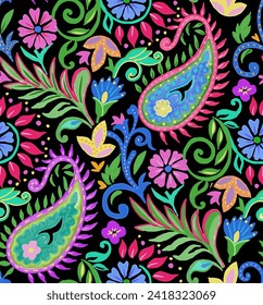 watercolor floral pattern paisley pattern. abstract colorful paisley illustration on black background. paisley pattern for fabric design