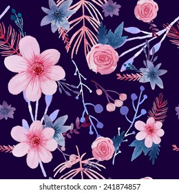 Watercolor floral pattern. Seamless texture with pink hand drawn flowers in vector