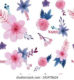 Watercolor floral pattern. Seamless texture with isolated pink flowers and plants. Vector repeating background