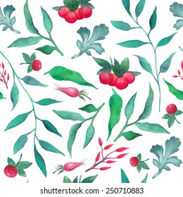 Watercolor floral pattern. Seamless texture with berries, leaves and branches. Vector hand drawn background