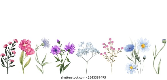 Patrón floral de la acuarela con flores silvestres vibrantes, diseño inconsútil de la acuarela de flores florecientes, borde Horizontal de la acuarela con flores silvestres de verano e insectos voladores"