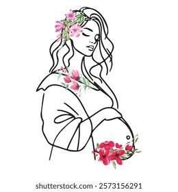 Watercolor Floral Pregnant Woman Body Print, Flower Pregnancy Wall Art, Motherhood Line Art, Mom To Be Poster, Baby Announcement, Midwife Artwork Gift