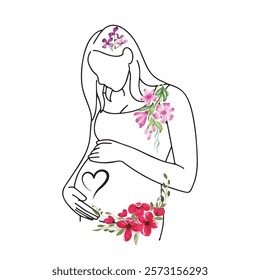 Watercolor Floral Pregnant Woman Body Print, Flower Pregnancy Wall Art, Motherhood Line Art, Mom To Be Poster, Baby Announcement, Midwife Artwork Gift