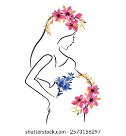 Watercolor Floral Pregnant Woman Body Print, Flower Pregnancy Wall Art, Motherhood Line Art, Mom To Be Poster, Baby Announcement, Midwife Artwork Gift