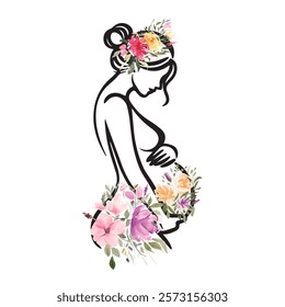 Watercolor Floral Pregnant Woman Body Print, Flower Pregnancy Wall Art, Motherhood Line Art, Mom To Be Poster, Baby Announcement, Midwife Artwork Gift