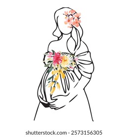 Watercolor Floral Pregnant Woman Body Print, Flower Pregnancy Wall Art, Motherhood Line Art, Mom To Be Poster, Baby Announcement, Midwife Artwork Gift