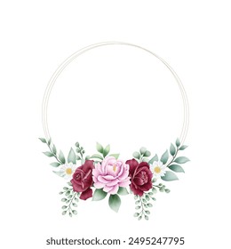 watercolor floral rose wreath with golden circle
