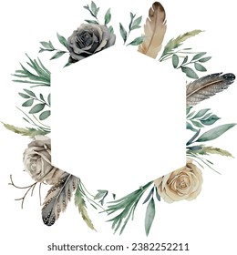 Watercolor floral roses and feathers frame in hexagon shape. Hand painted plant card with eucalyptus, fern and spring greenery branches isolated on white. Template with space for text, greeting cards,