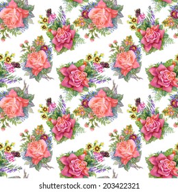 Watercolor floral roses seamless pattern on white background vector