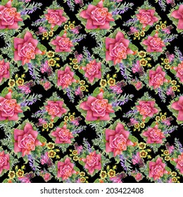 Watercolor floral roses seamless pattern on black background vector