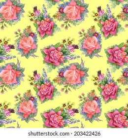 Watercolor floral roses seamless pattern on yellow background vector