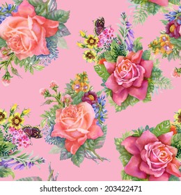 Watercolor floral roses seamless pattern on pink background vector