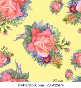 Watercolor floral roses seamless pattern on yellow background vector