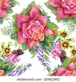 Watercolor floral roses seamless pattern on white background vector