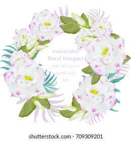 Watercolor floral round wreath frame card. Vintage bouquet beauty Vector illustration