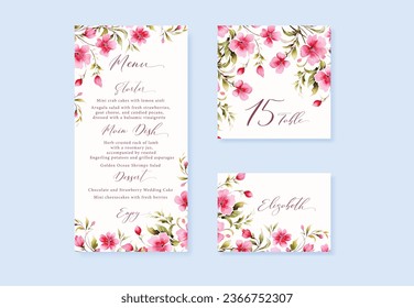 Watercolor floral rustic wedding menu, table and escort cards with vintage wild flowers illustration.