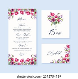 Watercolor floral rustic wedding menu, table and escort cards with vintage wild flowers illustration.