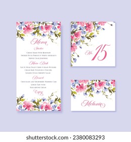 Watercolor floral rustic wedding menu, table and escort cards with vintage wild flowers illustration.