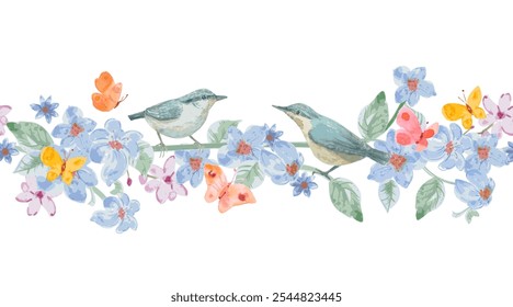 watercolor floral seamless border with couple of birds, butterflies and flowers. 