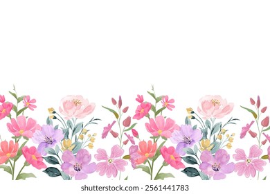 Watercolor floral seamless border frame on white background. colorful growing wild flowers, herbs, leaves and twigs.
