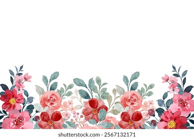 Watercolor floral seamless border frame on white background. colorful growing wild flowers, herbs, leaves and twigs.