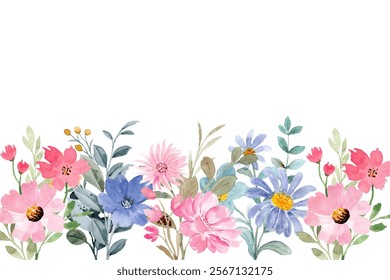 Watercolor floral seamless border frame on white background. colorful growing wild flowers, herbs, leaves and twigs.