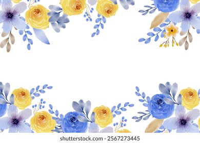 Watercolor floral seamless border frame on white background.