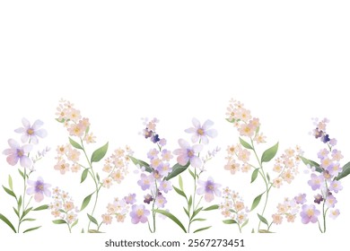 Watercolor floral seamless border frame on white background.