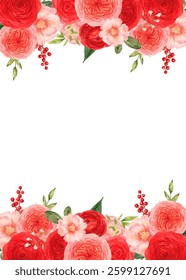 Watercolor floral seamless border frame on white background.
