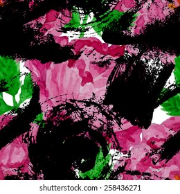 Watercolor floral seamless pattern with blots. Grunge design with beautiful peonies. 