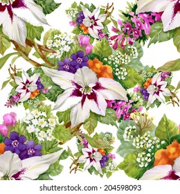 Watercolor floral seamless pattern with clematis flowers on white background, vector