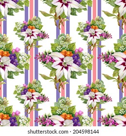Watercolor floral seamless pattern with clematis flowers on white background with lines, vector