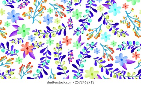 Watercolor Floral Seamless Pattern, Delicate Leaves, Flowers. Spring Blossom Design, Greeting Cards, Advertising, Banners, Leaflets, Flyers. Botanical Design. Transparent background, vibrant color