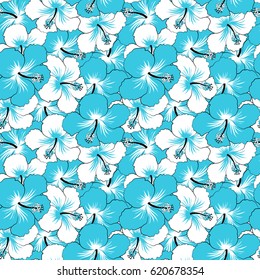 Watercolor floral seamless pattern. Exotic vector seamless pattern floral design. Blue and white hibiscus pattern. Textile print for bed linen, jacket, package design, fabric and fashion concepts.