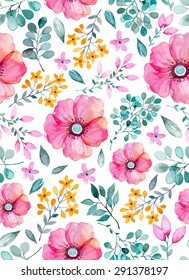 Watercolor floral seamless pattern with flowers and leafs. Colorful floral Vector illustration. Spring or summer hand made design for invitation,wedding or greeting cards, can be used for wallpapers.