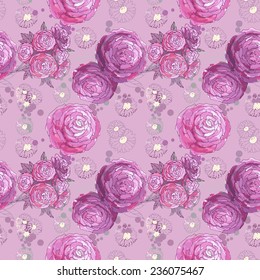 Watercolor Floral Seamless Pattern. Hand Painted Flowers Background with Pink and Purple Peonies. Good For Web, Print, Wrapping Paper.