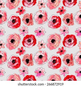 Watercolor Floral Seamless Pattern. Hand Painted Flowers Background. Red Poppy  Ornament. Good For Web, Print, Wrapping Paper. 