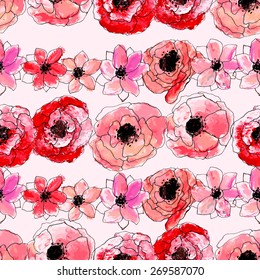 Watercolor Floral Seamless Pattern. Hand Painted Flowers Background. Artistic backdrop.Red and Pink Poppy Ornament. 