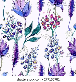 Watercolor Floral Seamless Pattern. Hand Painted Flowers Background. Wildflowers Violet Ornament. Good For Web, Print, Wrapping Paper. 