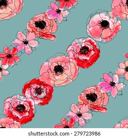 Watercolor Floral Seamless Pattern. Hand Painted Flowers Background. 