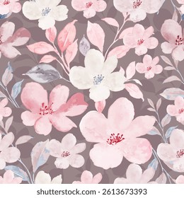 Watercolor floral seamless pattern. Hand-painted flowers and leaves on a gray background.	