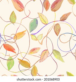 Watercolor floral seamless pattern with leaves on white background