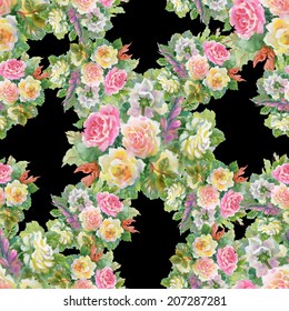 Watercolor floral seamless pattern on black background vector illustration
