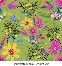 Watercolor floral seamless pattern on green background vector illustration