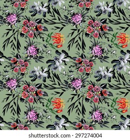 Watercolor floral seamless pattern on green background vector illustration