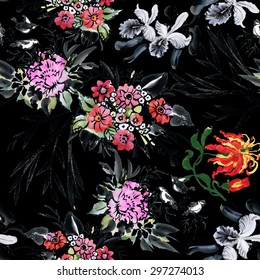 Watercolor floral seamless pattern on black background vector illustration