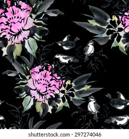 Watercolor floral seamless pattern on black background vector illustration