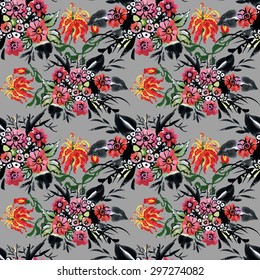 Watercolor floral seamless pattern on gray background vector illustration