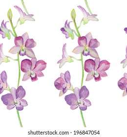 Watercolor floral seamless pattern with orchid flowers on white background