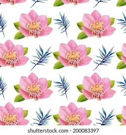 Watercolor floral seamless pattern with orchid flowers on white background